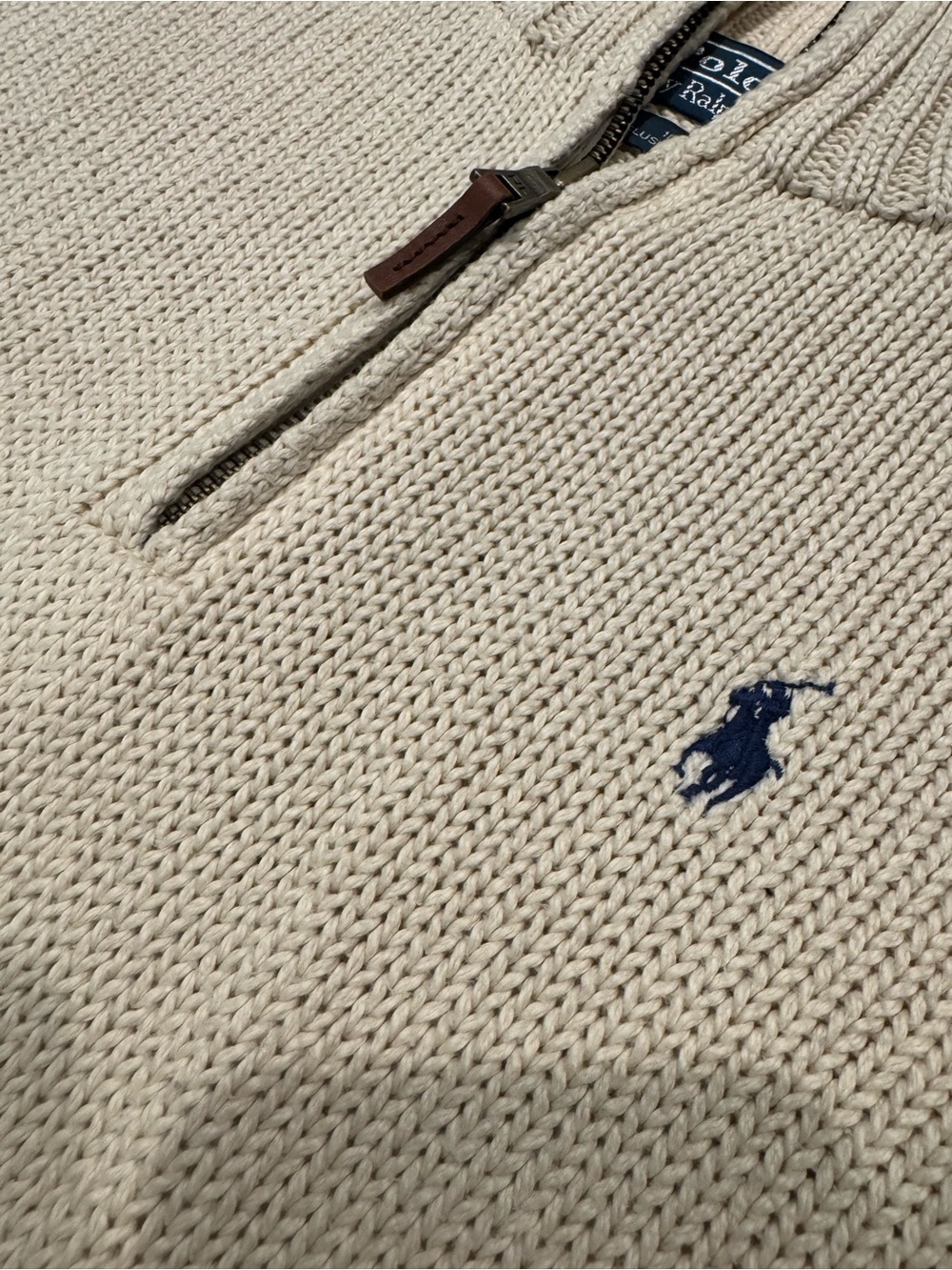 Polo by Ralph Lauren Men’s Cream Zip-Neck Sweater with Navy Pony - Picture 5 of 10